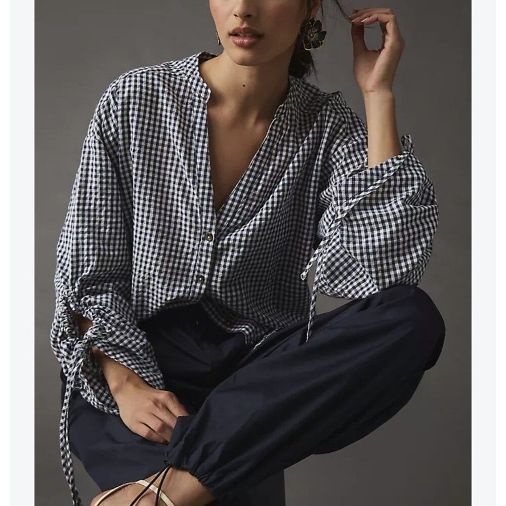 Pilcro Drawstring Sleeve Poplin Button Up Blouse Top XL Check Black White Preppy